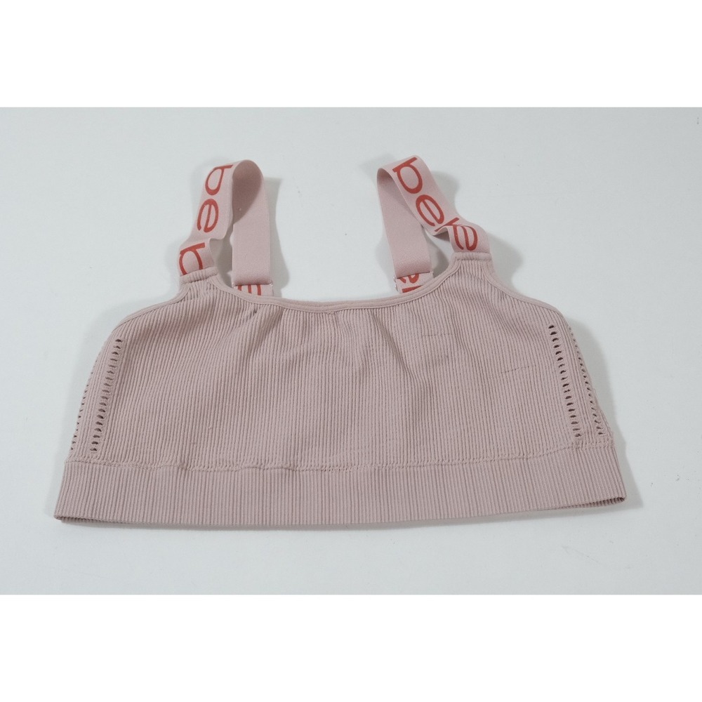 Bebe Sports Bra Womens XL Pink Logo Strap Seamless Ribbed Athletic Activewear